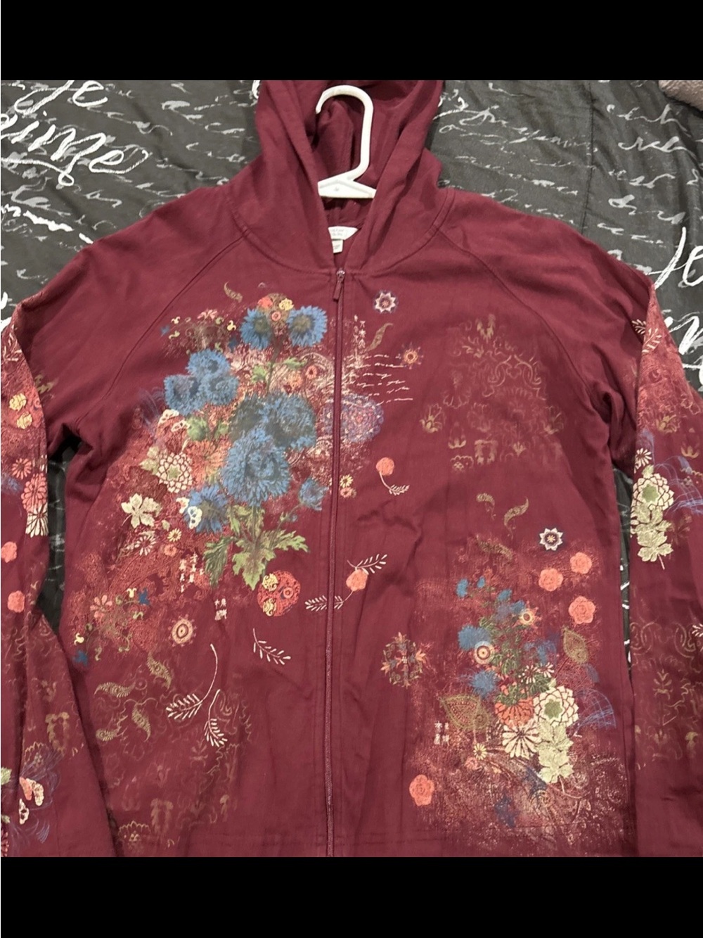Maroon Floral Adorned Zip Up Lightweight Hoodie